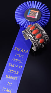 AWARD WINNING Silver & Coral Row Navajo Handmade Bracelet by Erick Begay 5H01A