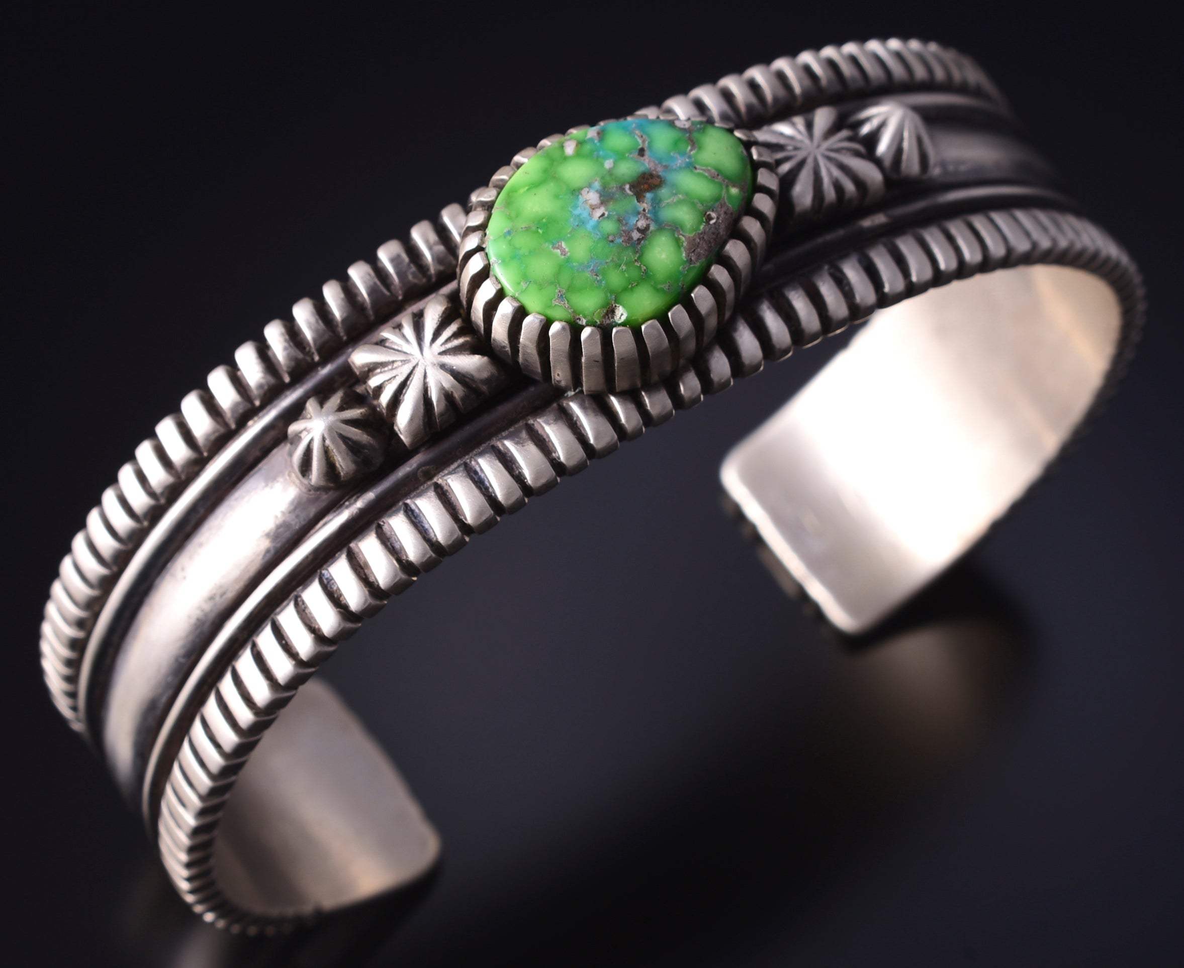 Silver & Carico Lake Turquoise Navajo Handmade Stars Bracelet by Erick Begay 5H03B