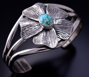 Silver & Kingman Turquoise Navajo Flower Bracelet by Erick Begay 4L22A