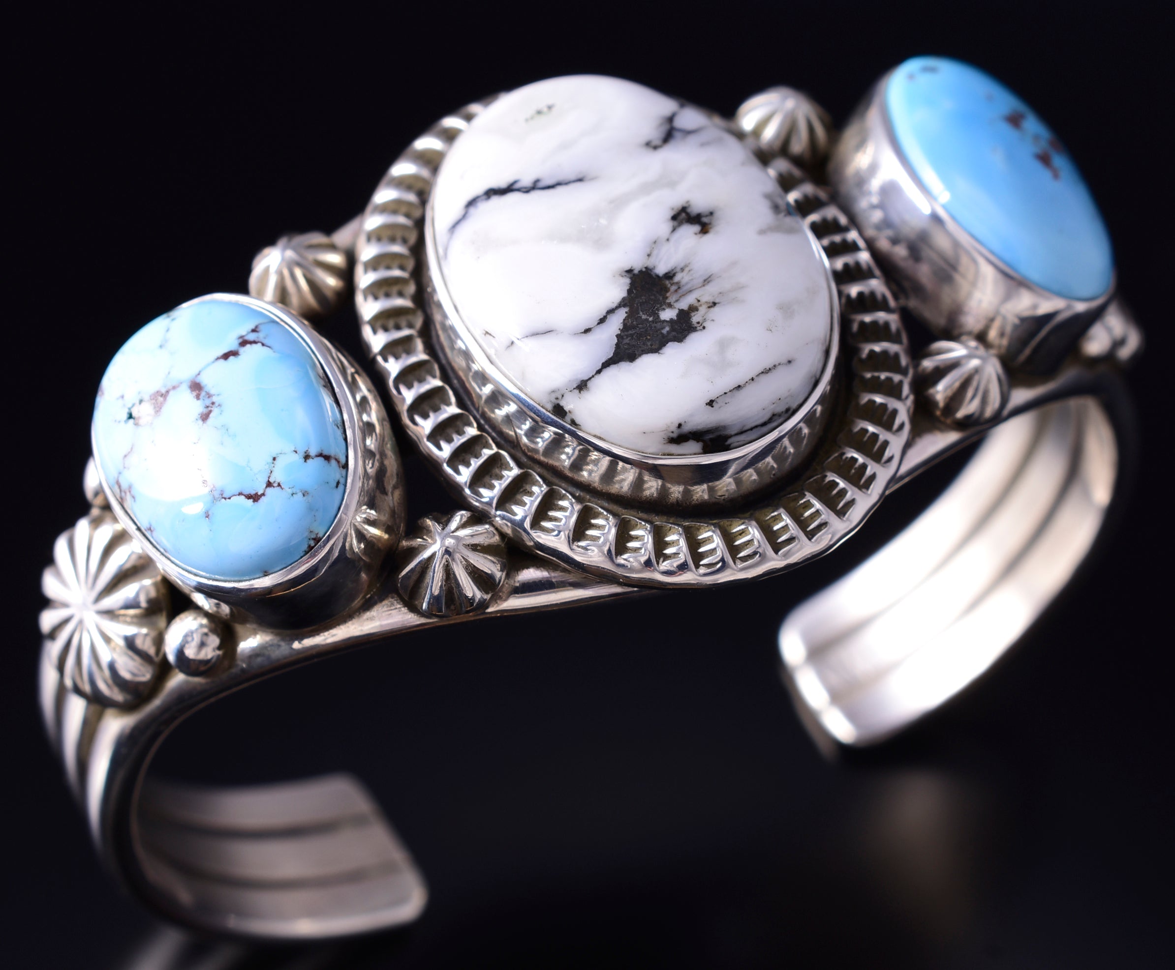 Silver & Golden Hills Turquoise White Buffalo Navajo Bracelet Erick Begay 5F30M