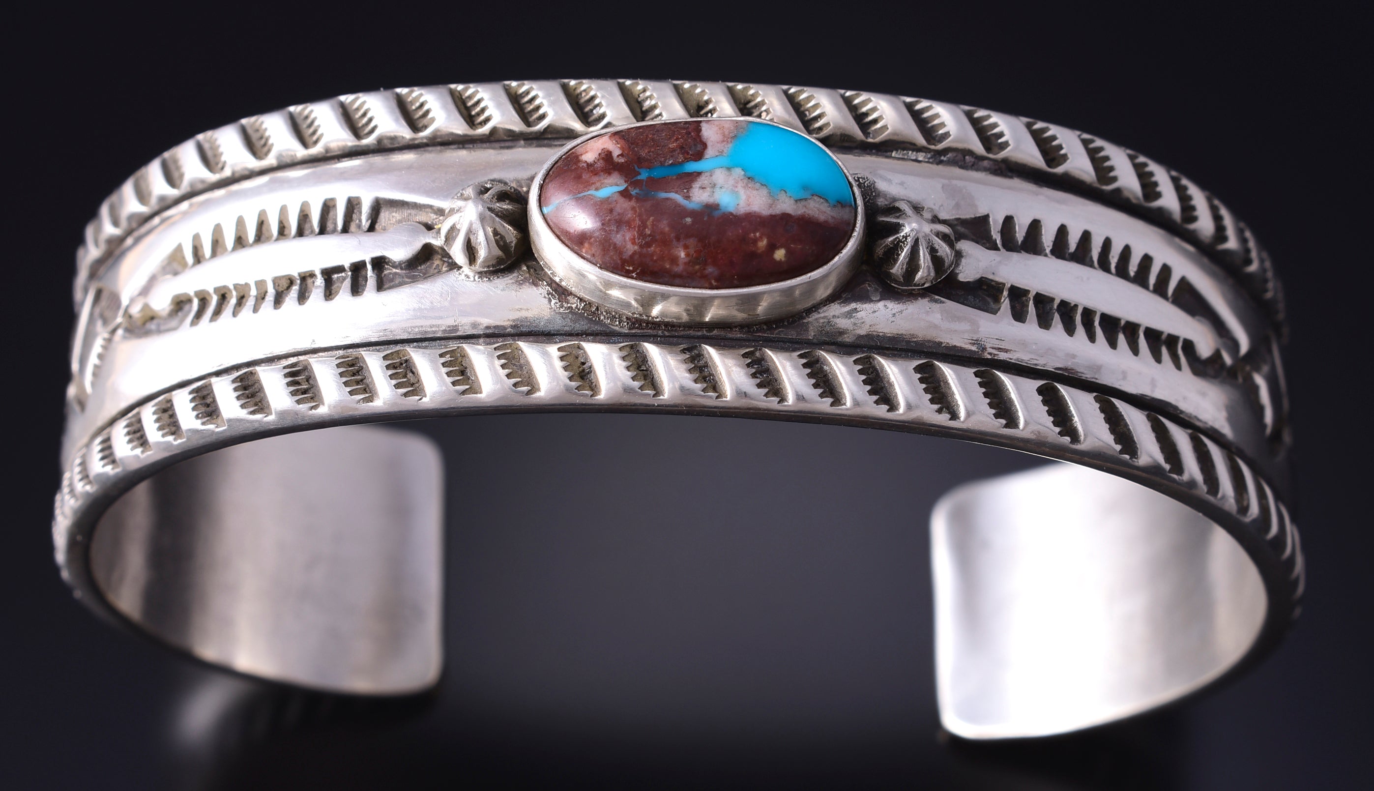 Silver & Bisbee Turquoise Navajo Handstamped Bracelet by Erick Begay 5H01F