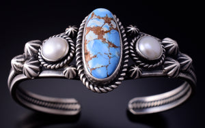 Silver & Golden Hills Turquoise Fresh Pearl Navajo Bracelet by Erick Begay 5B26T