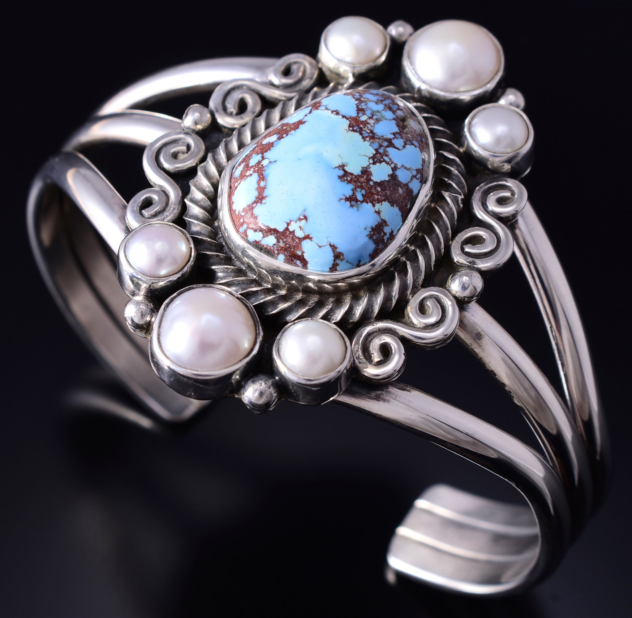 Silver & Golden Hills Turquoise Fresh Water Navajo Bracelet by Erick Begay 5F30K