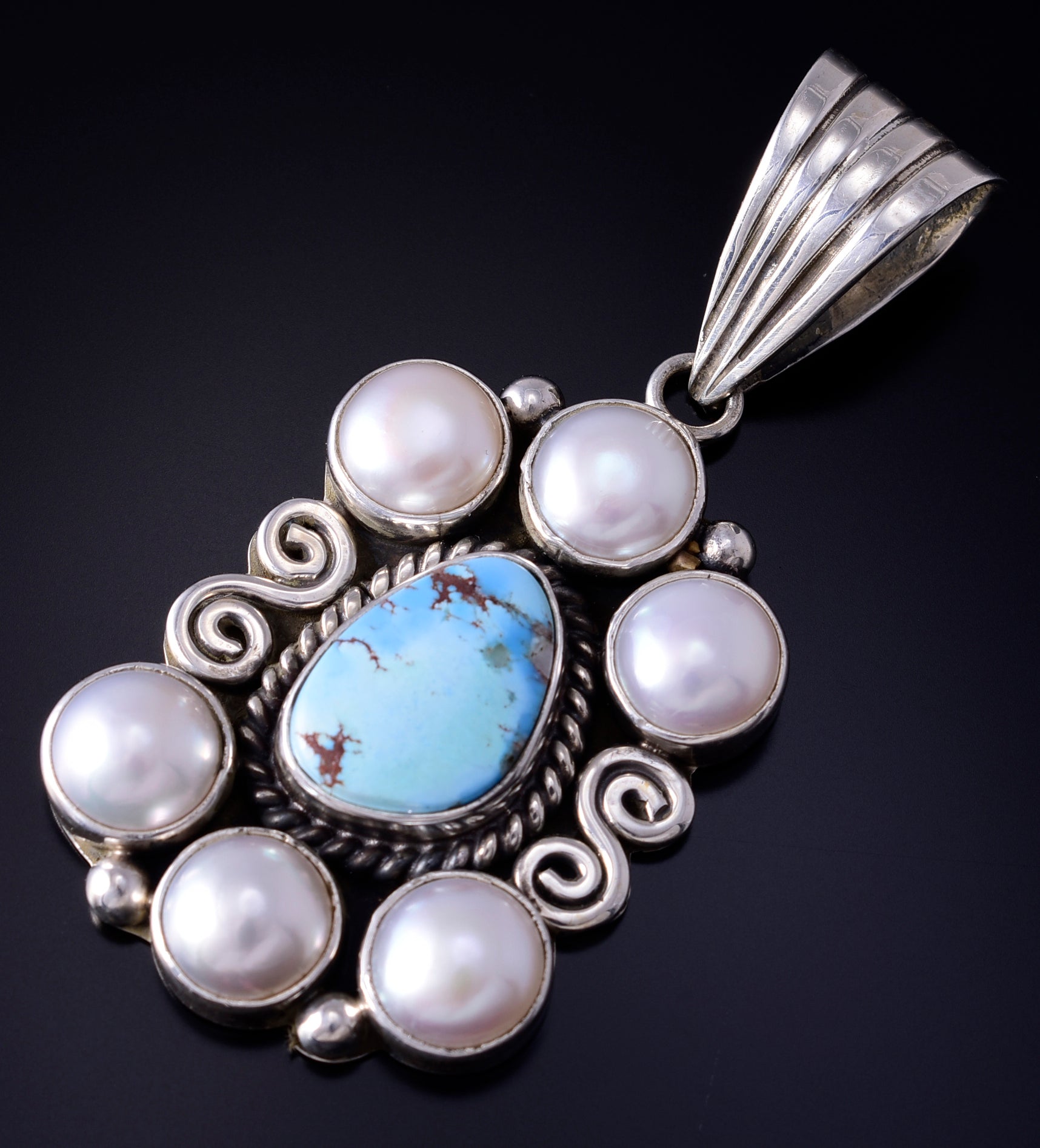 Silver & Golden Hills Turquoise Fresh Pearl Navajo Pendant by Erick Begay 5F30W