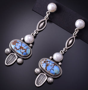 Silver & Golden Hills Turquoise / Fresh Pearl Feather Earrings Erick Begay 4C01C