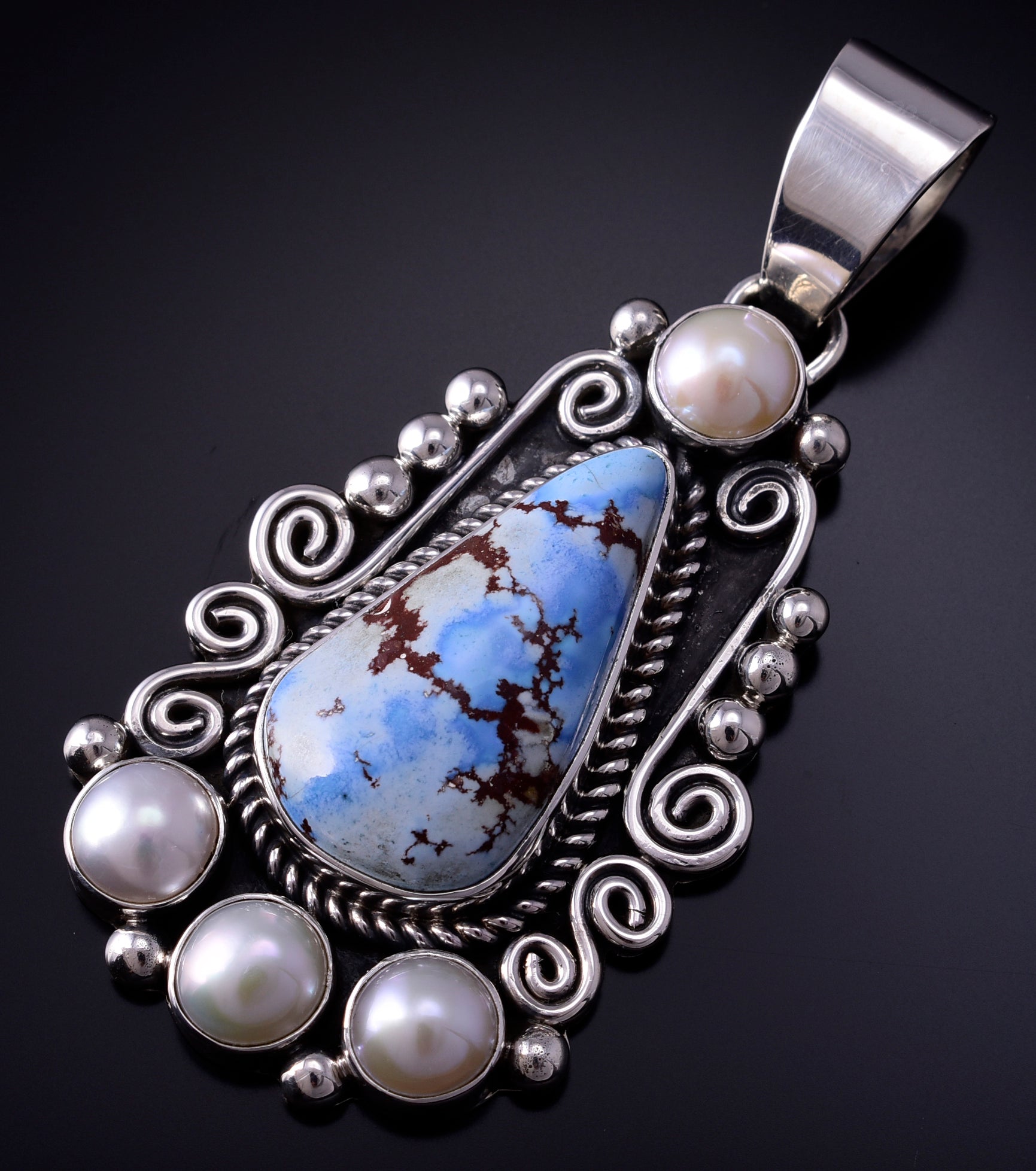 Silver & Golden Hills Turquoise Fresh Pearl Navajo Pendant by Erick Begay 5B26O