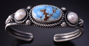 Silver & Golden Hills Turquoise Fresh Pearl Navajo Bracelet by Erick Begay 5B26S