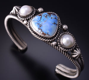 Silver & Golden Hills Turquoise Fresh Pearl Navajo Bracelet by Erick Begay5B26F