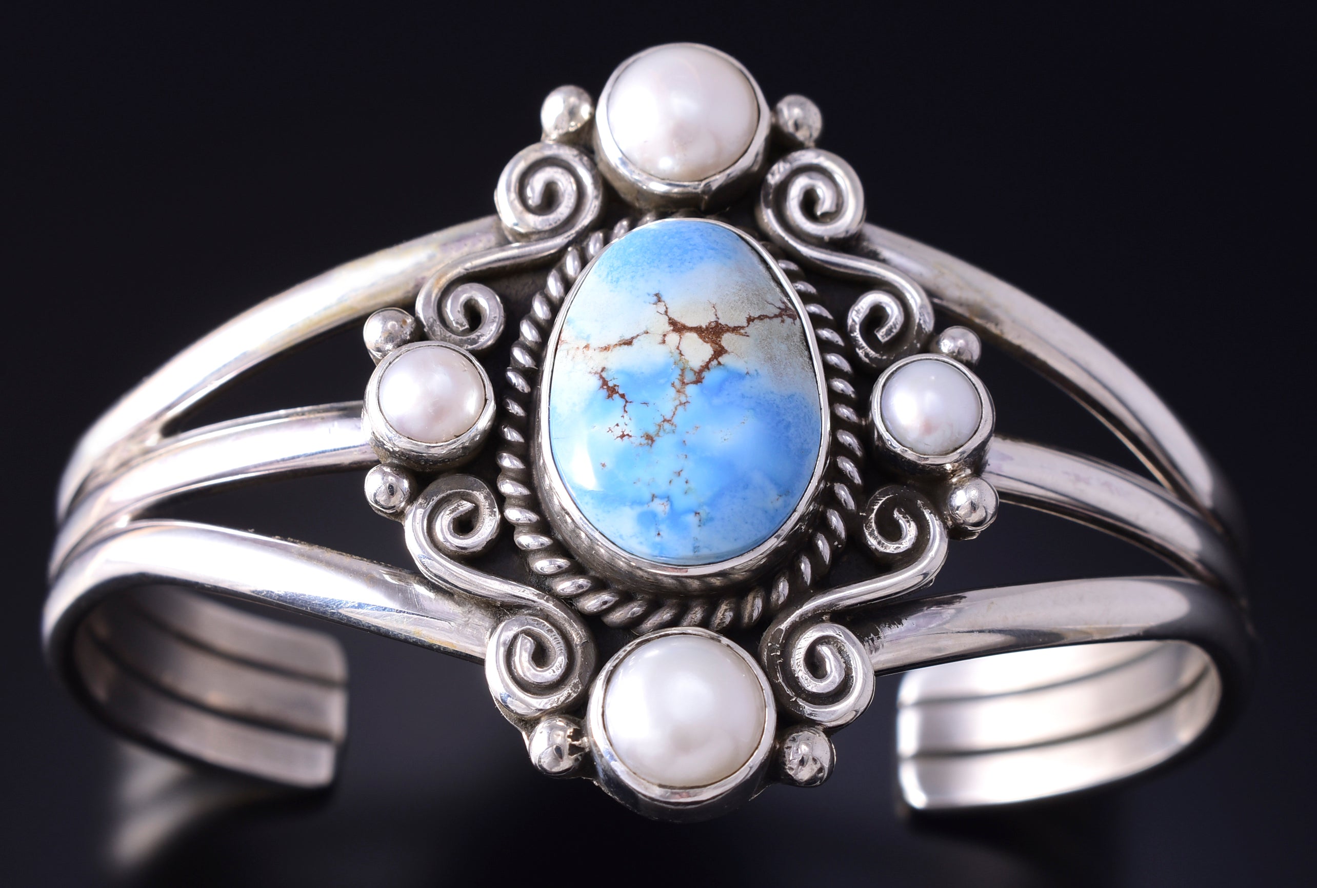 Silver & Golden Hills Turquoise Fresh Pearl Navajo Bracelet by Erick Begay 5F30S