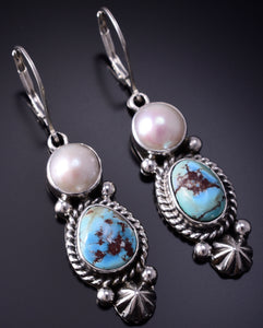 Silver & Golden Hills Turquoise Fresh Pearl Navajo Earrings by Erick Begay 5B25B