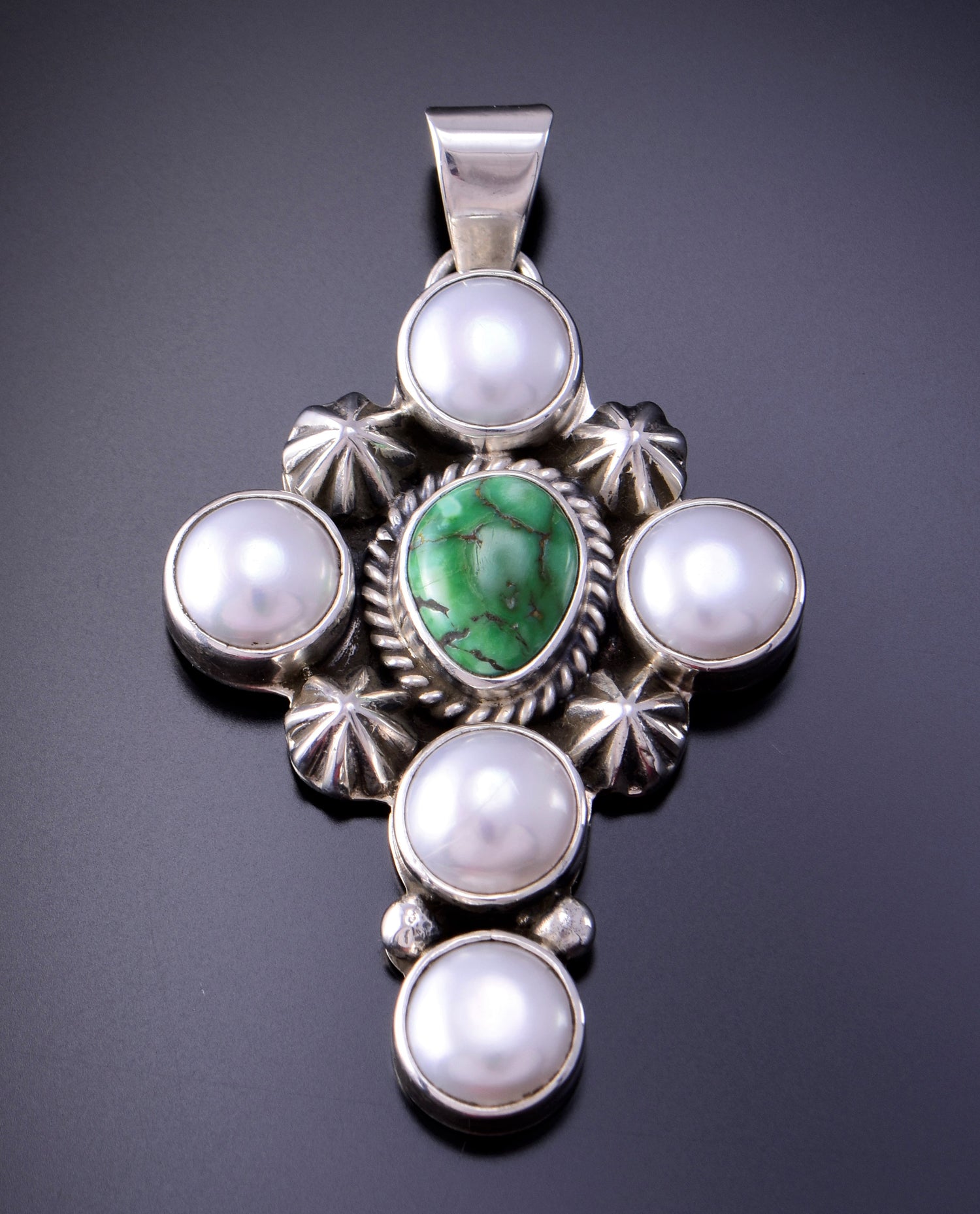 Silver & Sonoran Gold Turquoise - Freshwater Pearls Cross by Erick Begay 3C30T