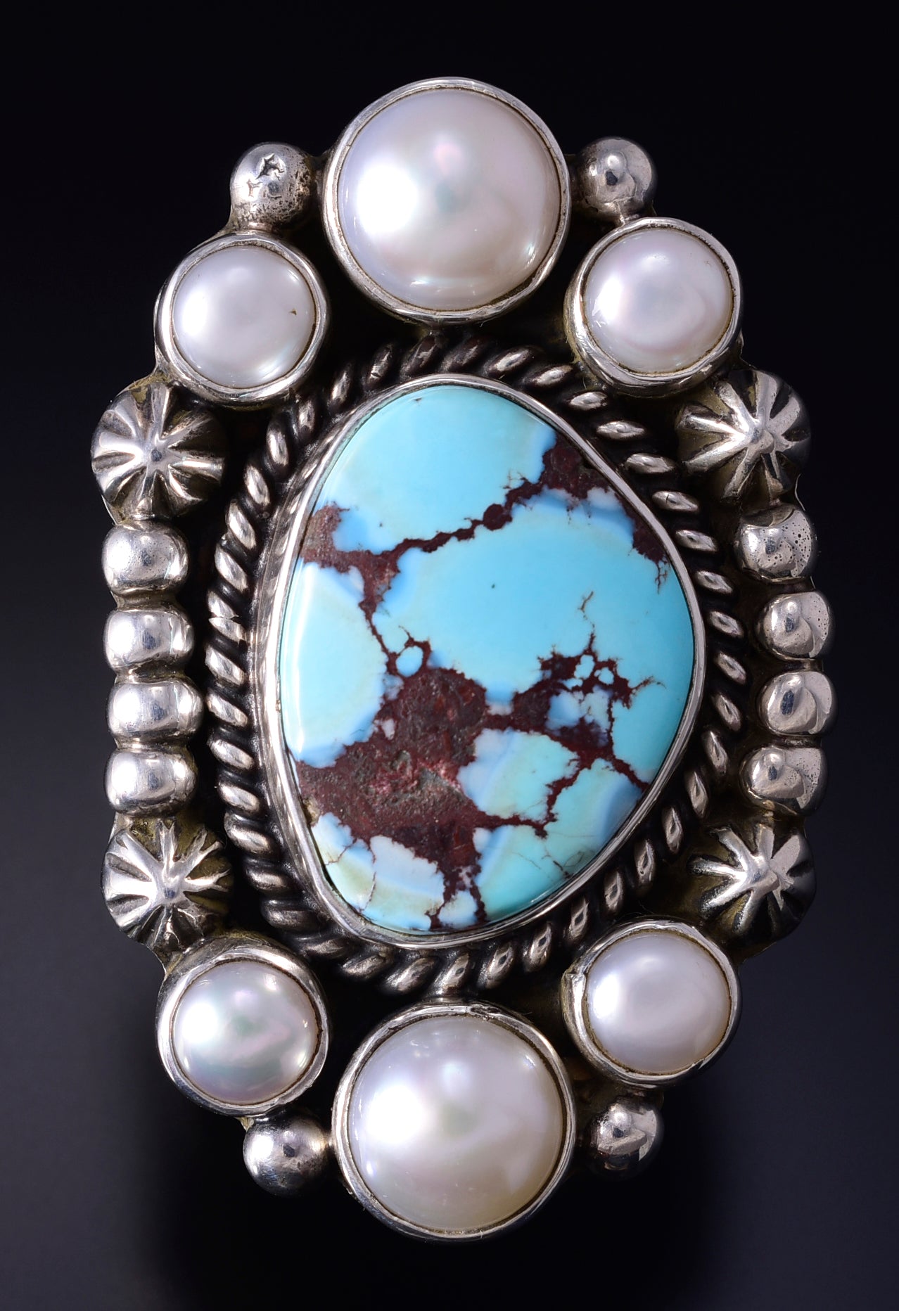 7-3/4 Silver & Golden Hills Turquoise Fresh Pearl Navajo Ring Erick Begay 5F30G