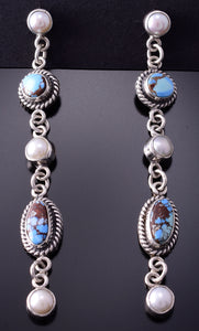 Silver & Golden Hills Turquoise w/ Fresh Pearl Navajo Earrings Erick Begay 4C01F