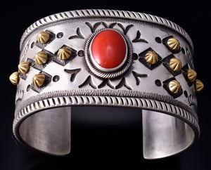 Silver & 22k Gold CROSS - w/ Mediterranean Coral Navajo Bracelet by Erick Begay 5H01B