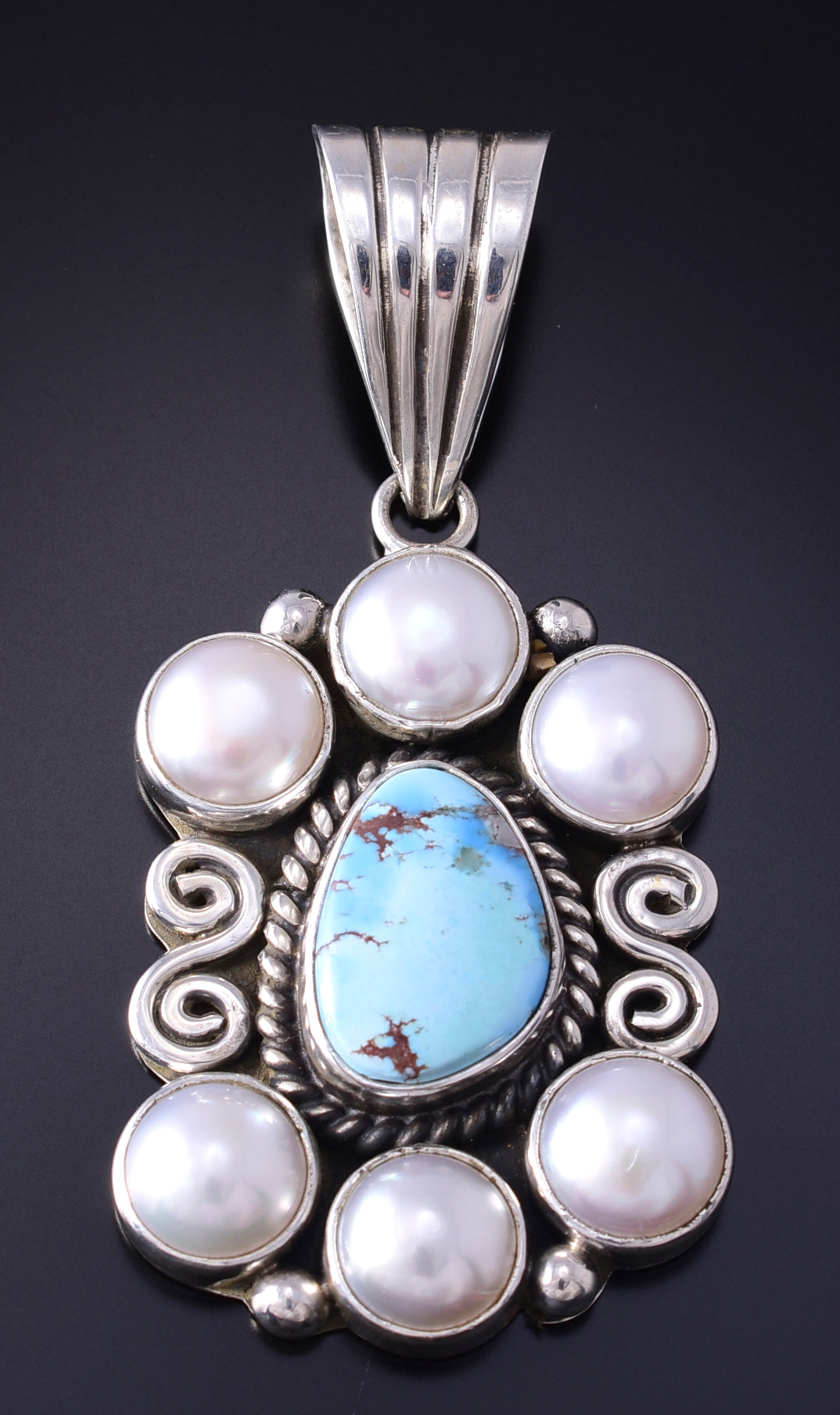 Silver & Golden Hills Turquoise Fresh Pearl Navajo Pendant by Erick Begay 5F30W
