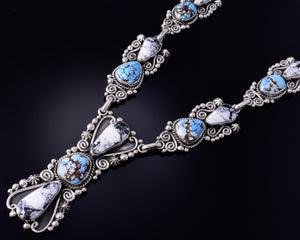 Silver & Golden Hills Turquoise White Buffalo Navajo Necklace Erick Begay 5H03E