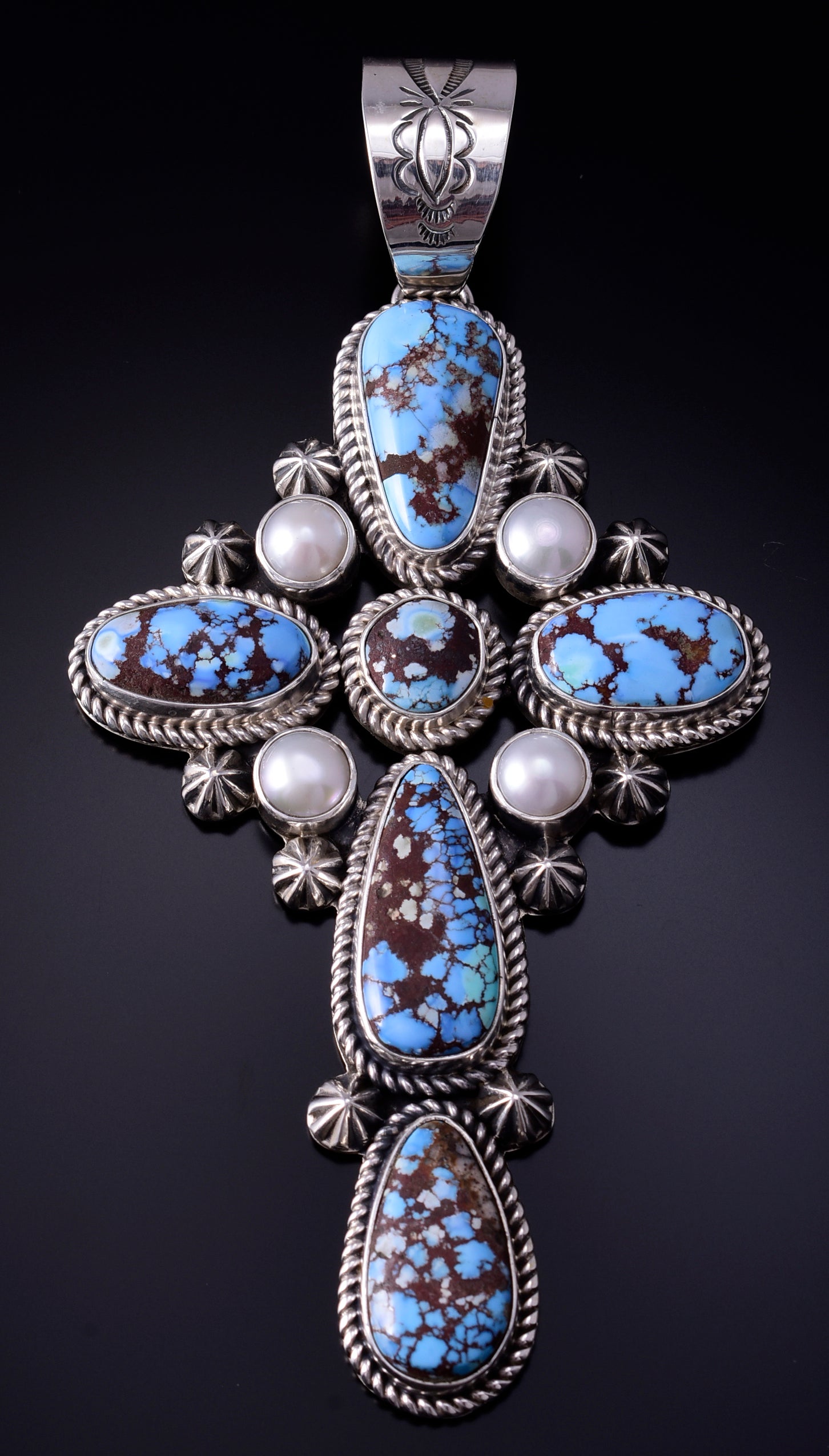 Silver & Golden Hills Turquoise Fresh Pearl Cross Pendant by Erick Begay 5B26Z