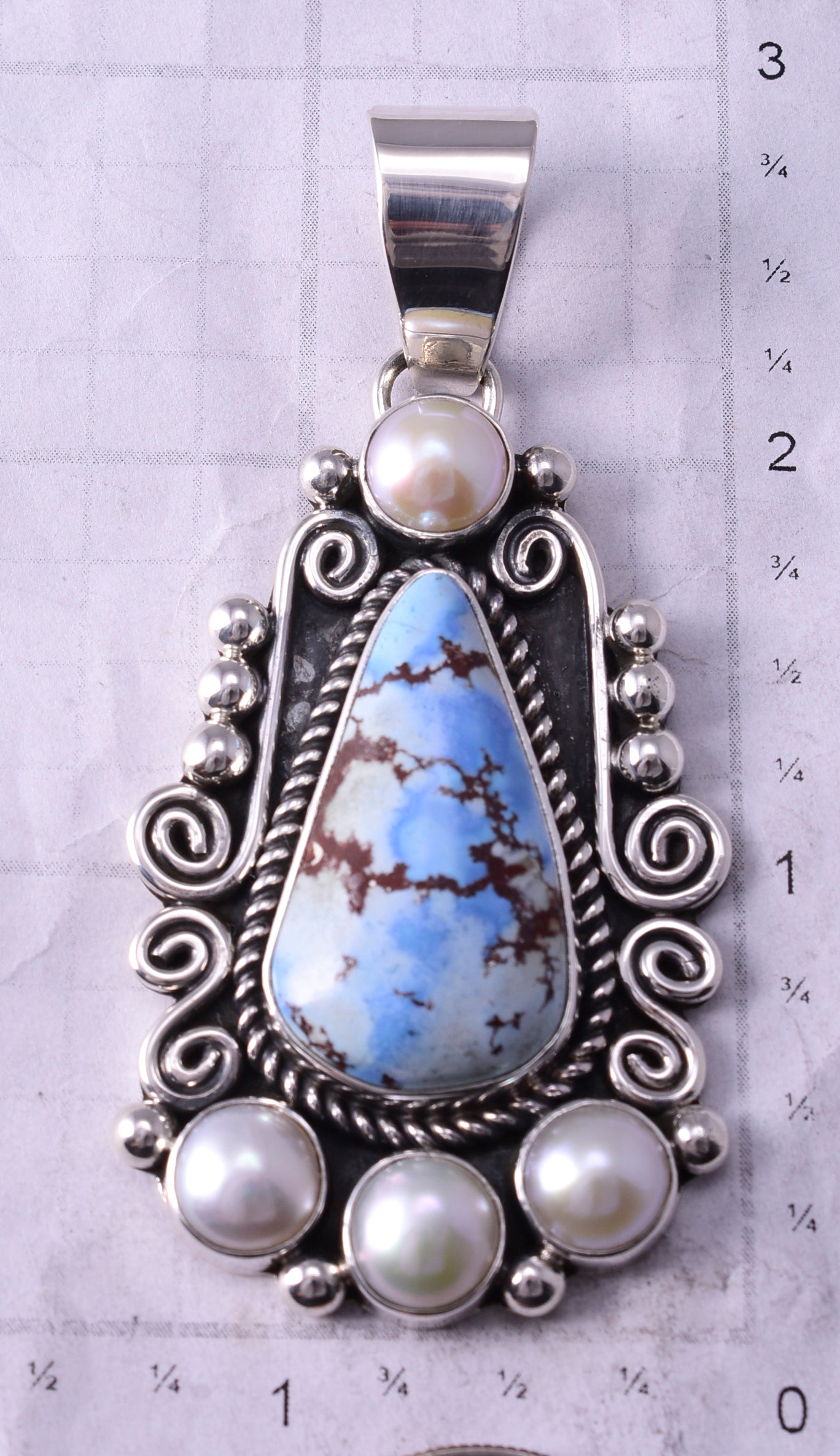 Silver & Golden Hills Turquoise Fresh Pearl Navajo Pendant by Erick Begay 5B26O