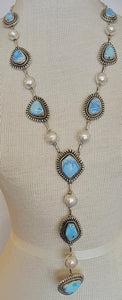 Silver & Golden Hills Turquoise / Pearl Navajo Lariat Necklace Erick Begay 4C29X