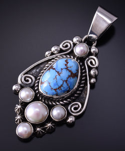 Silver & Golden Hills Turquoise Fresh Pearl Navajo Pendant by Erick Begay 5B26Q