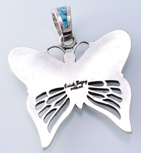 Silver & Kingman Turquoise & Coral Navajo Inlay Butterfly Pendant by Erick Begay 3H20X