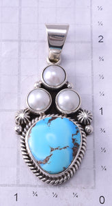 Silver & Golden Hills Turquoise Fresh Pearl Navajo Pendant by Erick Begay 4H33X