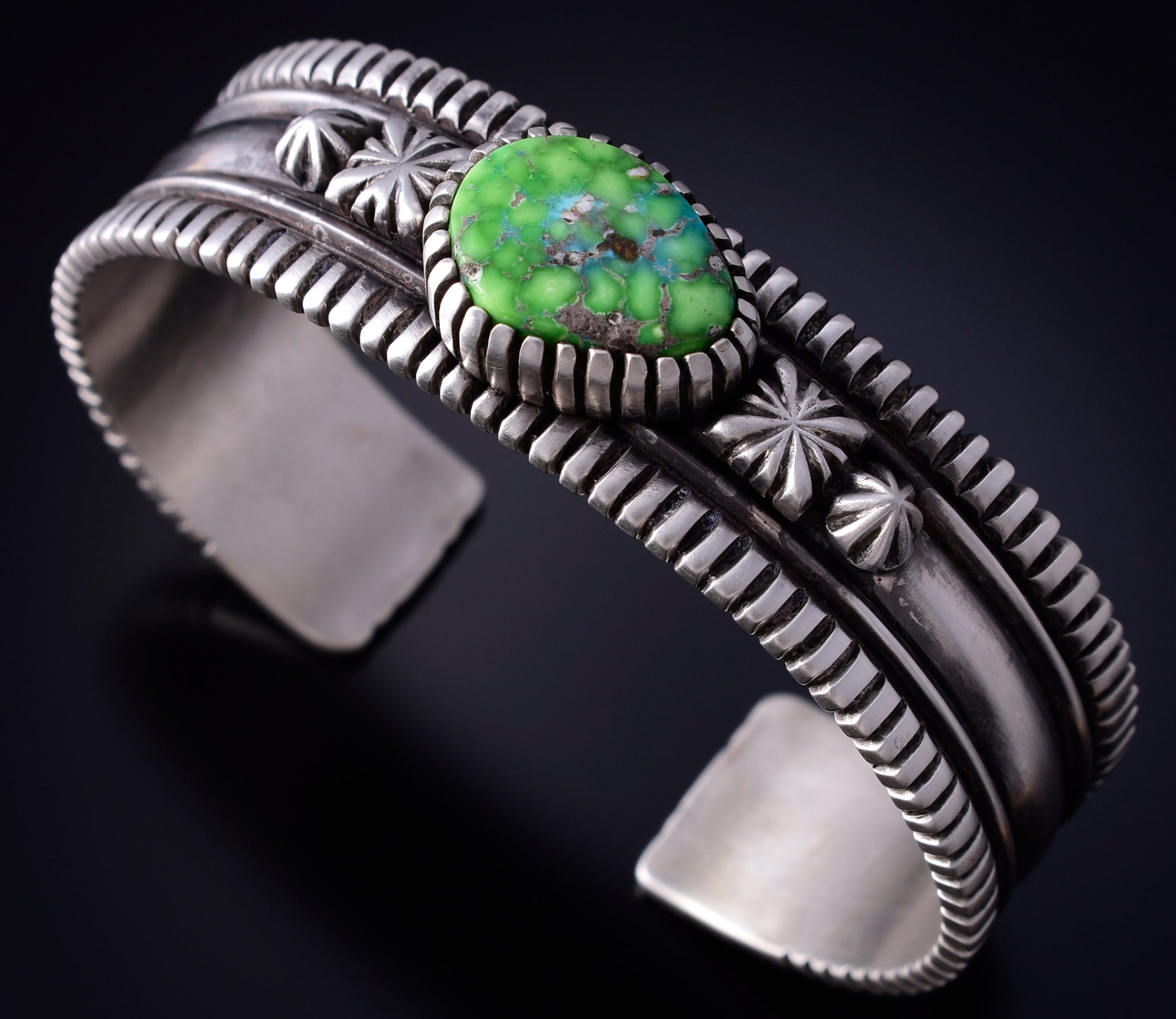 Silver & Carico Lake Turquoise Navajo Handmade Stars Bracelet by Erick Begay 5H03B