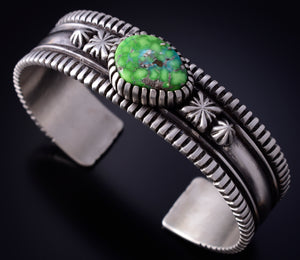 Silver & Carico Lake Turquoise Navajo Handmade Stars Bracelet by Erick Begay 5H03B