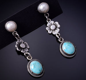 Silver & Turquoise w/ Fresh Water Pearl Flower Navajo Earrings Erick Begay 4L22E