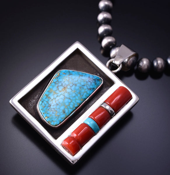 Reversible Silver Coral Multistone Navajo Inlay Pendant by Erick Beg N8tiveArts Erick Begay