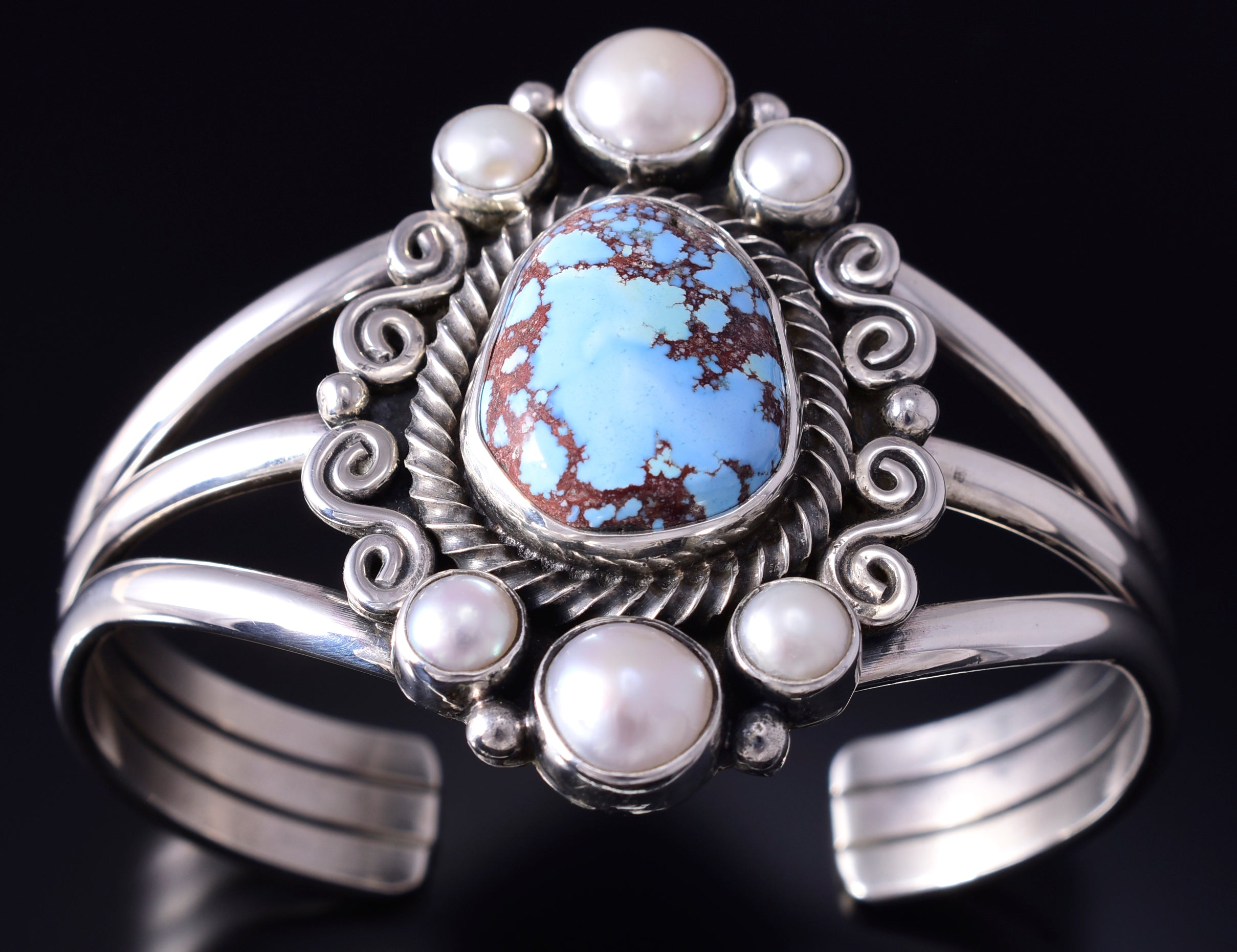 Silver & Golden Hills Turquoise Fresh Water Navajo Bracelet by Erick Begay 5F30K
