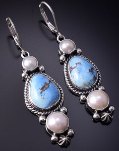 Silver & Golden Hills Turquoise Fresh Pearl Navajo Earrings by Erick Begay 5B25D