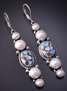 Silver & Golden Hills Turquoise Fresh Pearl Navajo Earrings by Erick Begay 5B25G