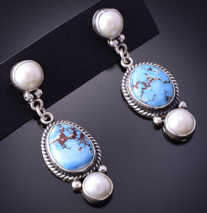 Silver & Golden Hills Turquoise w/ Fresh Pearl Navajo Earrings Erick Begay 4C01G