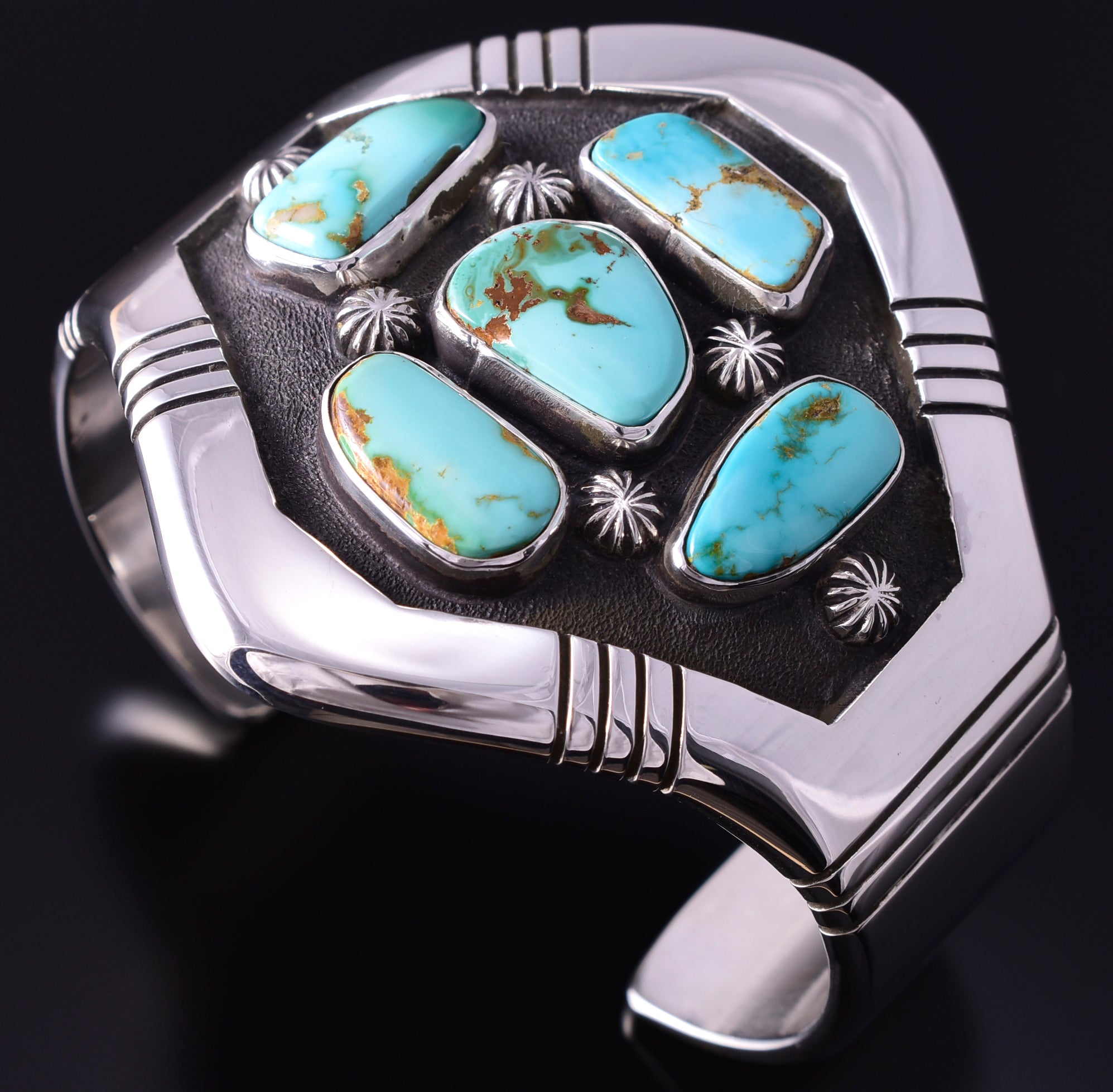 Silver & Royston Turquoise Navajo Shield Bracelet by Erick Begay 4H33D