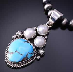 Silver & Golden Hills Turquoise Fresh Pearl Navajo Pendant by Erick Begay 4H33X