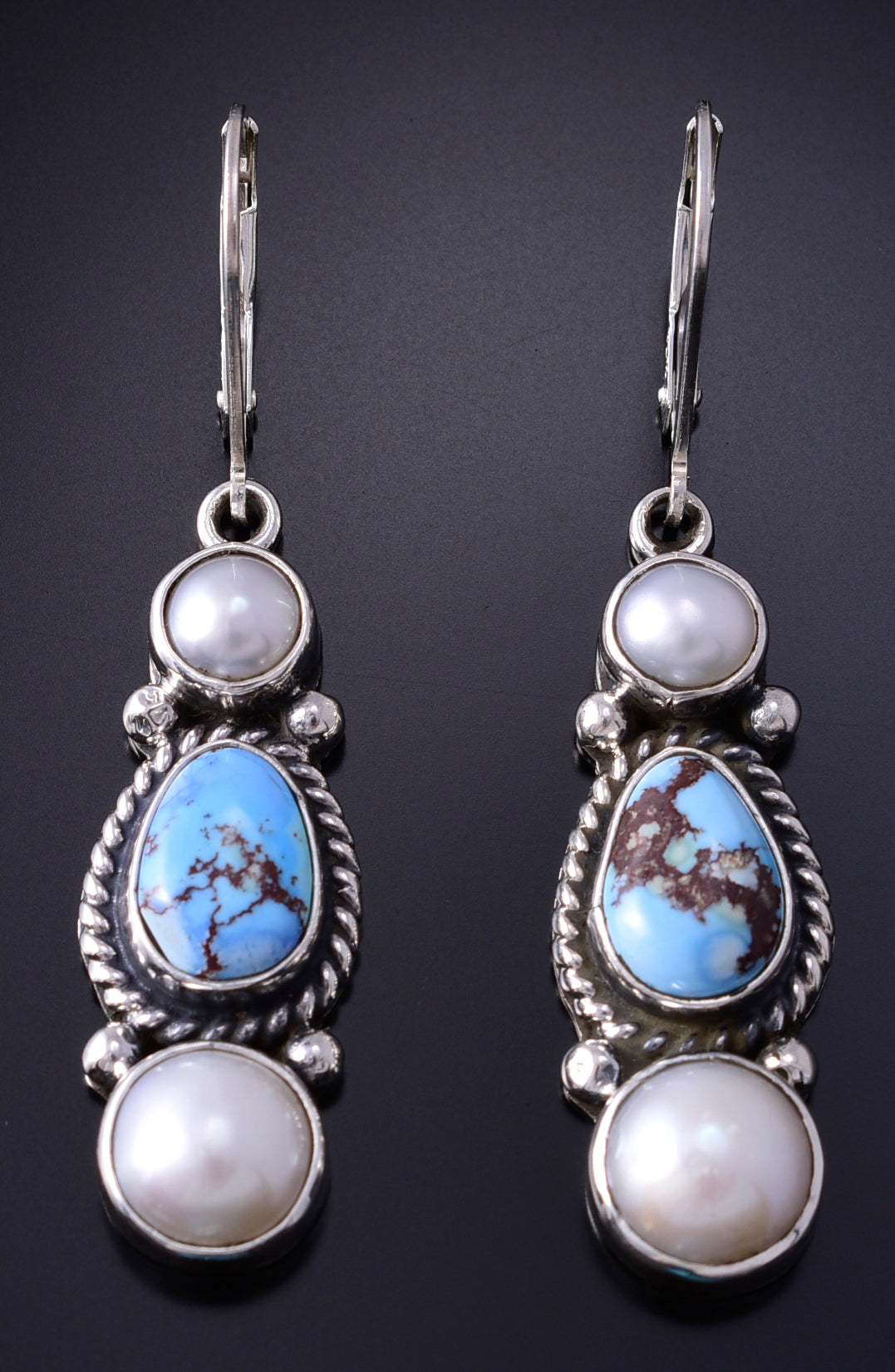 Silver & Golden Hills Turquoise Fresh Pearl Navajo Earrings by Erick Begay 5H02F