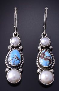 Silver & Golden Hills Turquoise Fresh Pearl Navajo Earrings by Erick Begay 5H02F