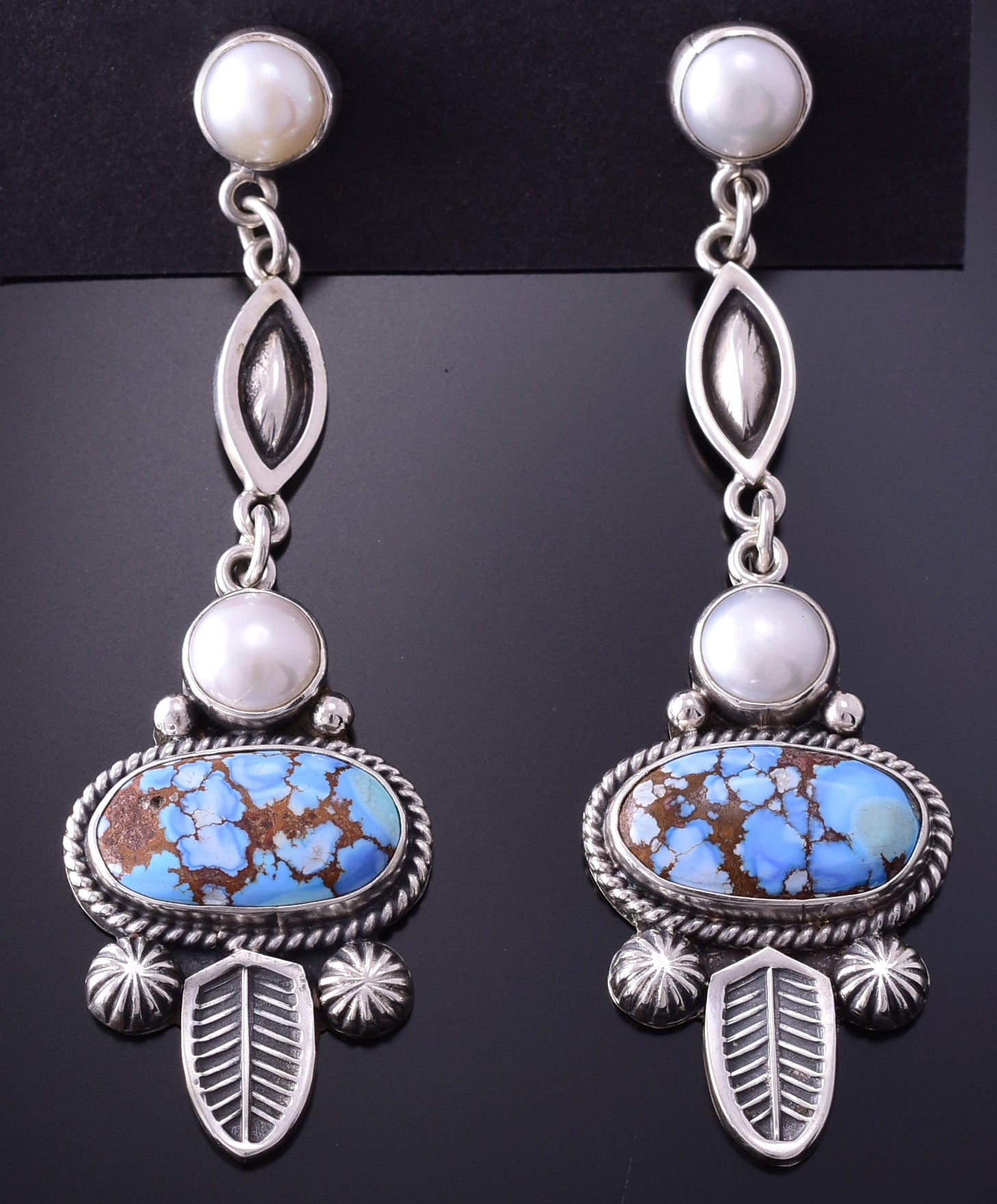 Silver & Golden Hills Turquoise / Fresh Pearl Feather Earrings Erick Begay 4C01C