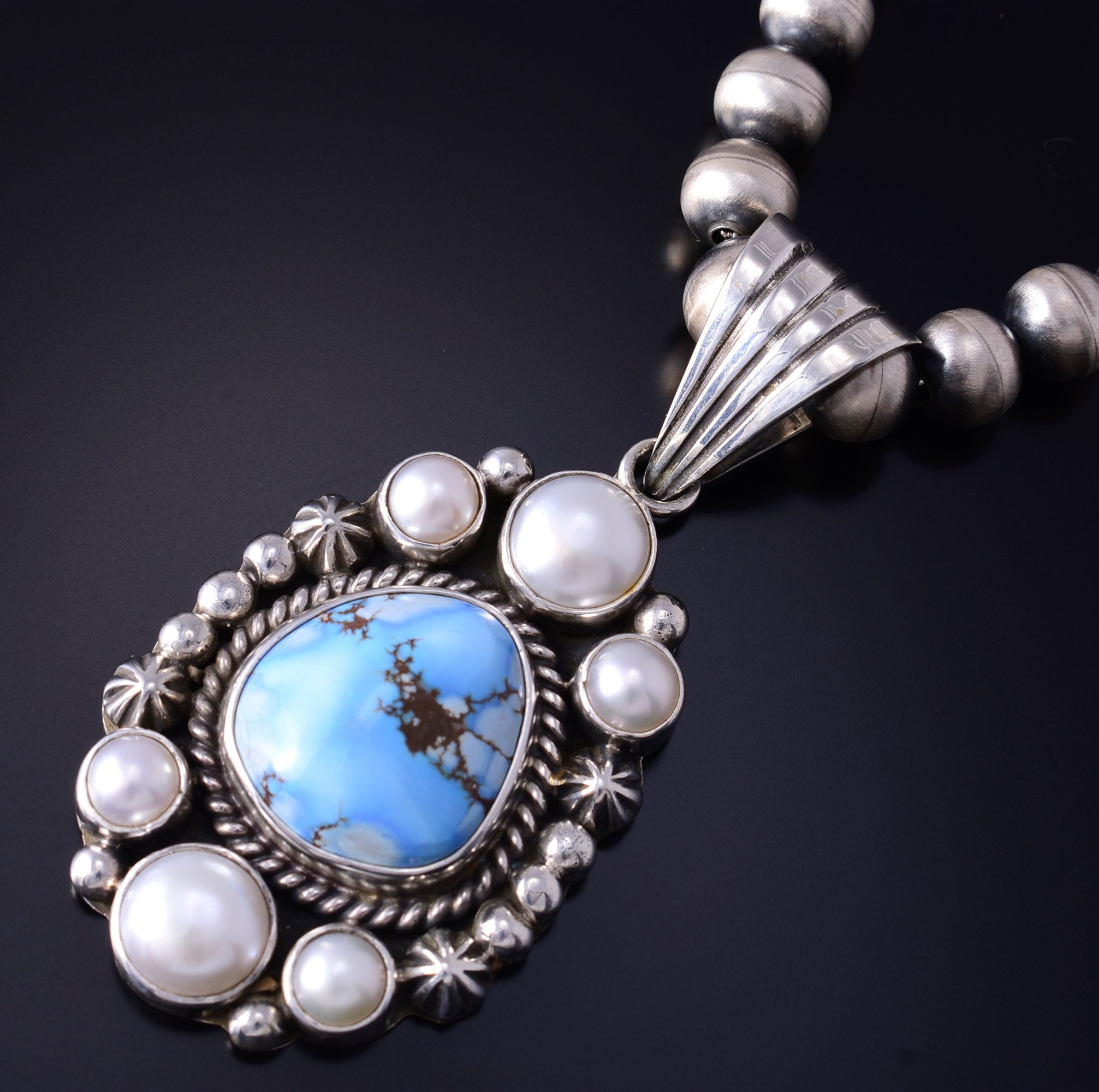 Silver & Golden Hills Turquoise Fresh Pearl Navajo Pendant by Erick Begay 5F30X