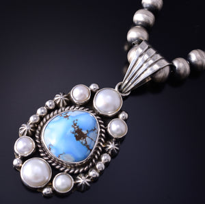 Silver & Golden Hills Turquoise Fresh Pearl Navajo Pendant by Erick Begay 5F30X