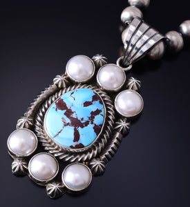 Silver & Golden Hills Turquoise Fresh Pearl Navajo Pendant by Erick Begay 5F30V