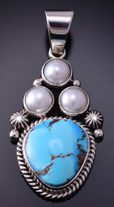 Silver & Golden Hills Turquoise Fresh Pearl Navajo Pendant by Erick Begay 4H33X