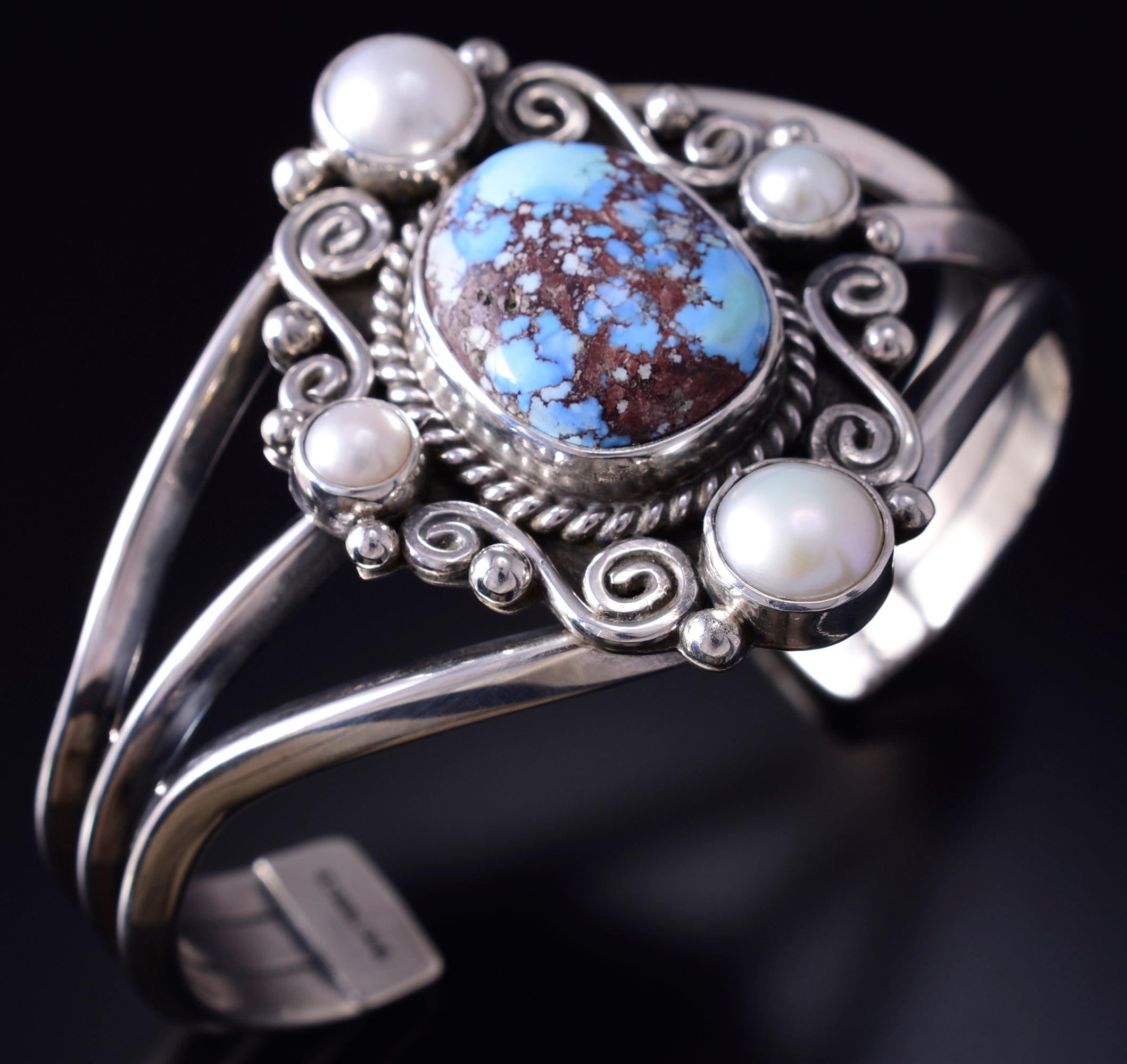 Silver & Golden Hills Turquoise Fresh Pearl Navajo Bracelet by Erick Begay 5F30E