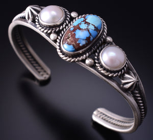 Silver & Golden Hills Turquoise Fresh Pearl Navajo Bracelet by Erick Begay 5B26G