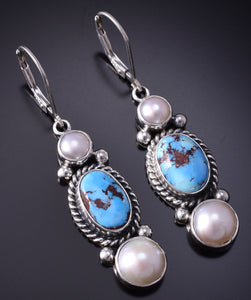 Silver & Golden Hills Turquoise Fresh Pearl Navajo Earrings by Erick Begay 5B25E