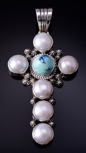 Silver & Golden Hills Turquoise Fresh Pearls Cross Pendant by Erick Begay 5B26P