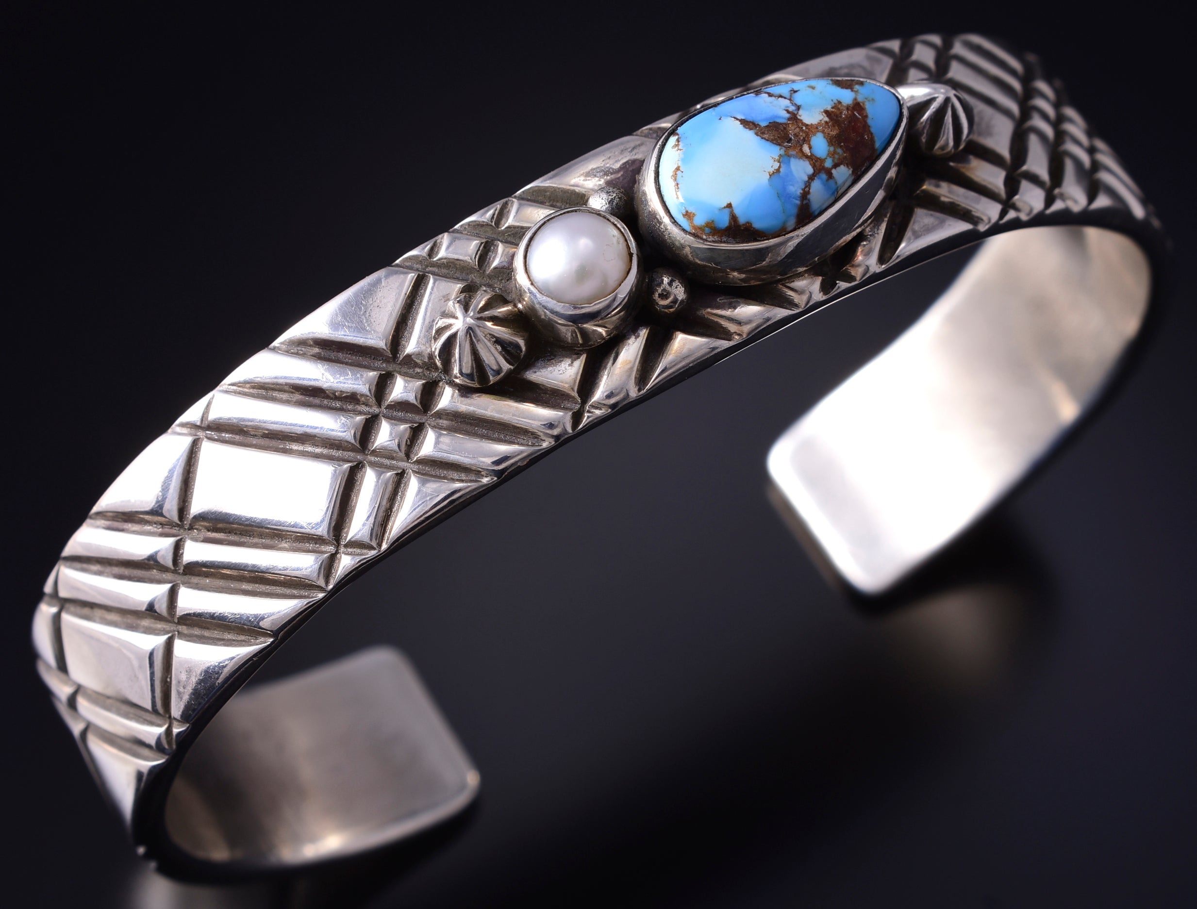 Silver & Golden Hills Turquoise Fresh Pearl Navajo Bracelet by Erick Begay 5H01Q