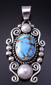 Silver & Golden Hills Turquoise Fresh Pearl Navajo Pendant by Erick Begay 5B26W