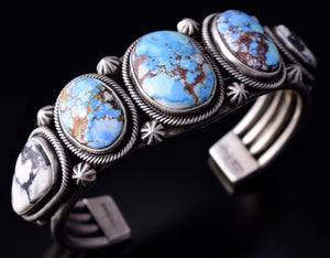 Silver & Golden Hills Turquoise White Buffalo Navajo Bracelet Erick Begay 5F30R